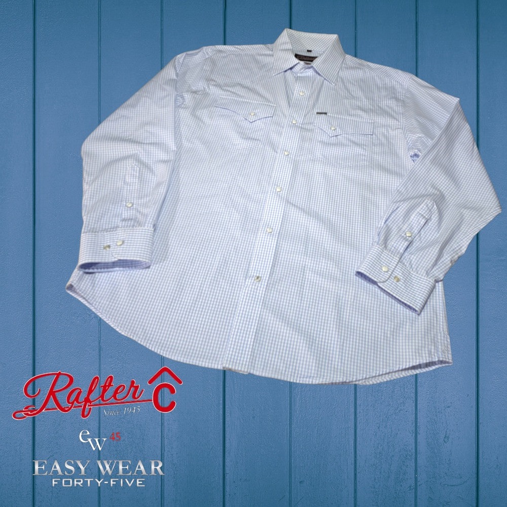 Rafter C‎ Western Shirt Mens Easy Wear Gingham Pearl Snap Blue White L FLAW